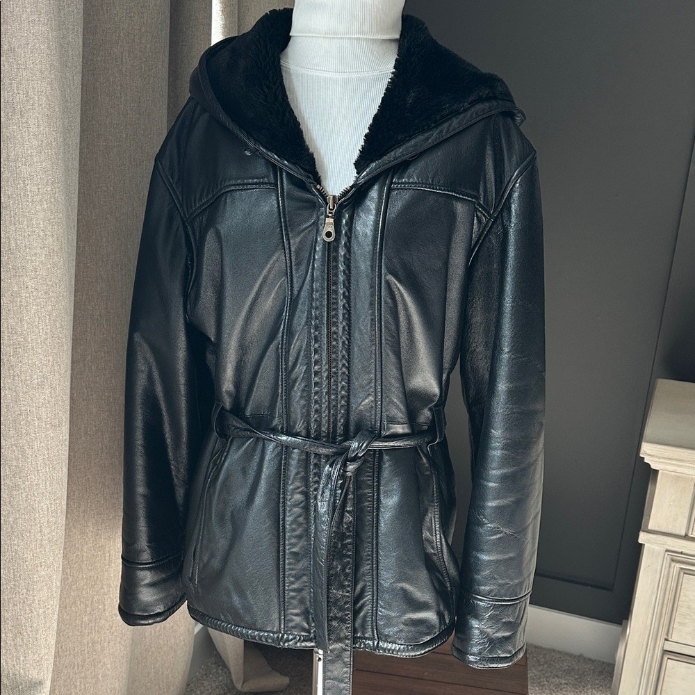 Wilsons Leather Hooded Jacket Womens Large Black Faux Fur Lined Belted Coat - Picture 4 of 13